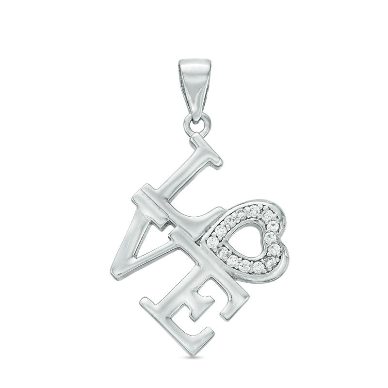 Cubic Zirconia Offset "LOVE" Pendant Charm in Sterling Silver