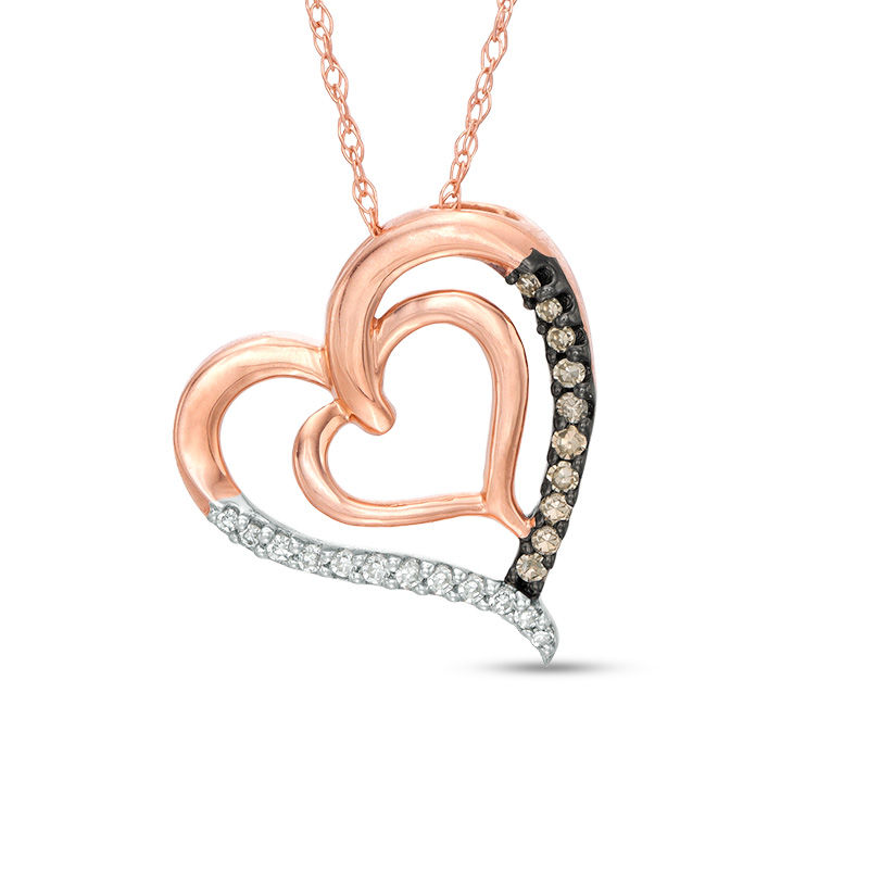 1/10 CT. T.W. Champagne and White Diamond Double Heart Pendant in 10K Rose Gold