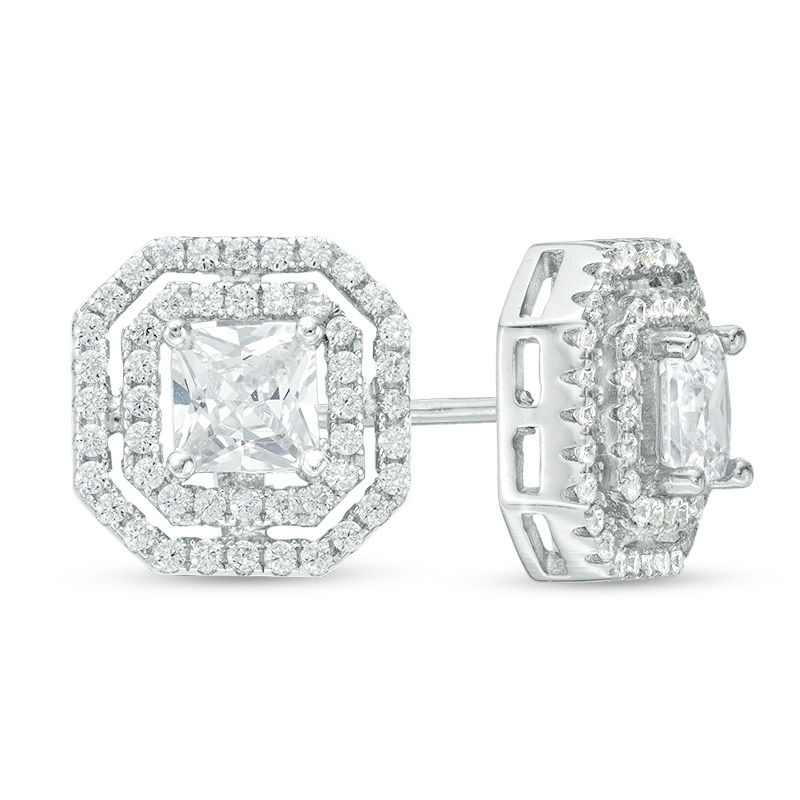 5mm Princess-Cut Cubic Zirconia Double Octagon Frame Stud Earrings in Solid Sterling Silver