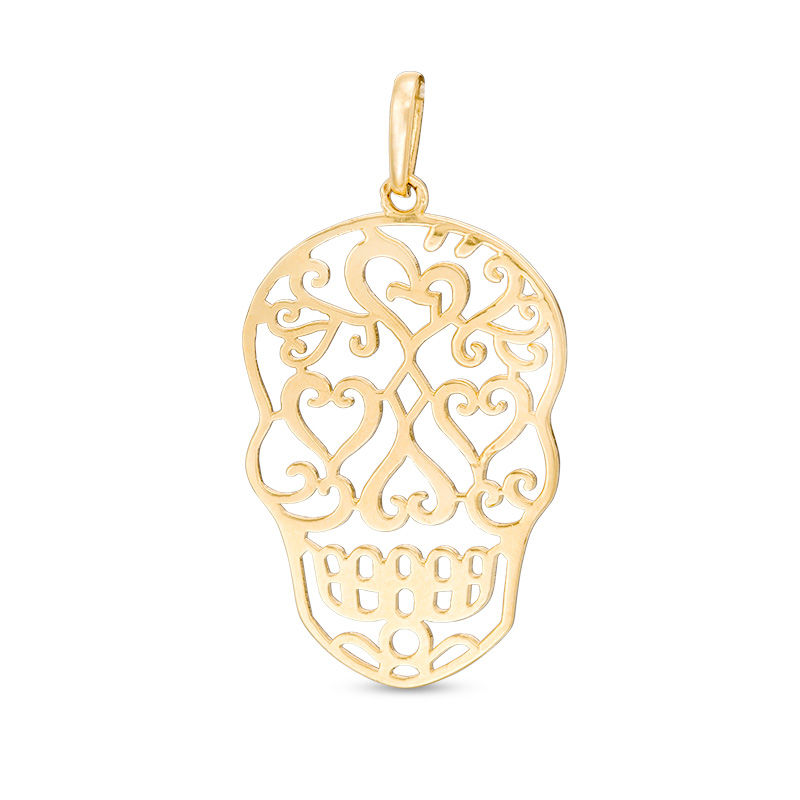 Filigree Sugar Skull Necklace Charm in 10K Gold