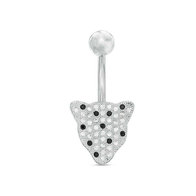 014 Gauge Black and White Cubic Zirconia Jaguar Belly Button Ring in Stainless Steel