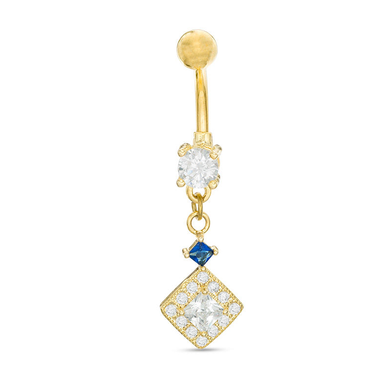 014 Gauge Cubic Zirconia and Blue Glass Geometric Dangle Belly Button Ring in Stainless Steel with Yellow IP
