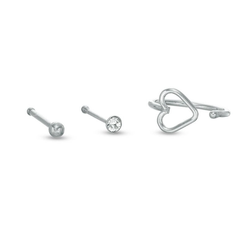 020 Gauge Cubic Zirconia and Heart Outline Three Piece Nose Stud Set in Sterling Silver