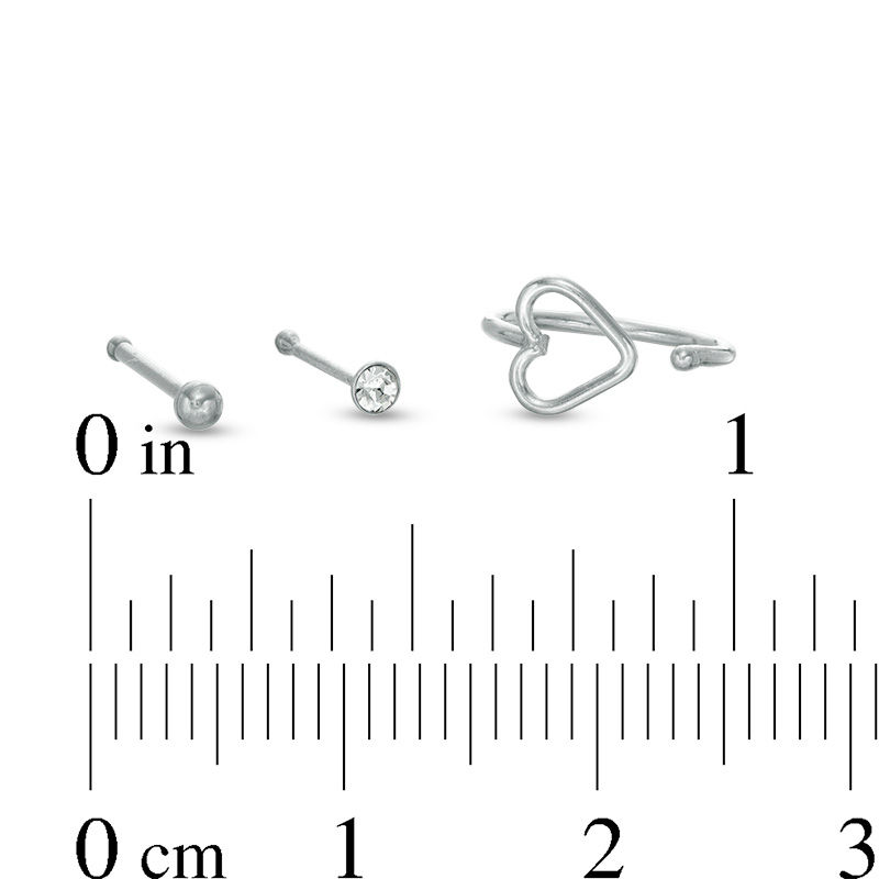 020 Gauge Cubic Zirconia and Heart Outline Three Piece Nose Stud Set in Sterling Silver