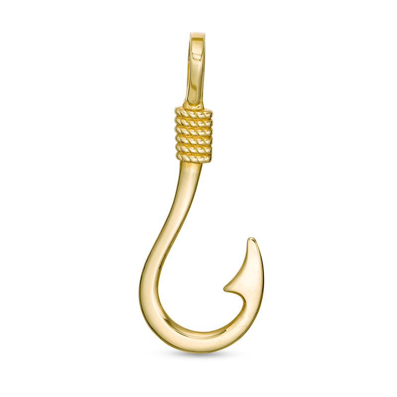 Fish Hook with Rope-Texture Necklace Charm in 10K Gold