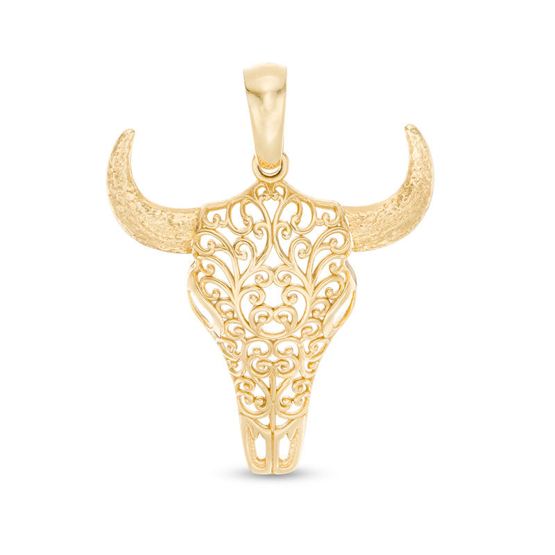 Filigree Bull Skull Necklace Charm in 10K Gold