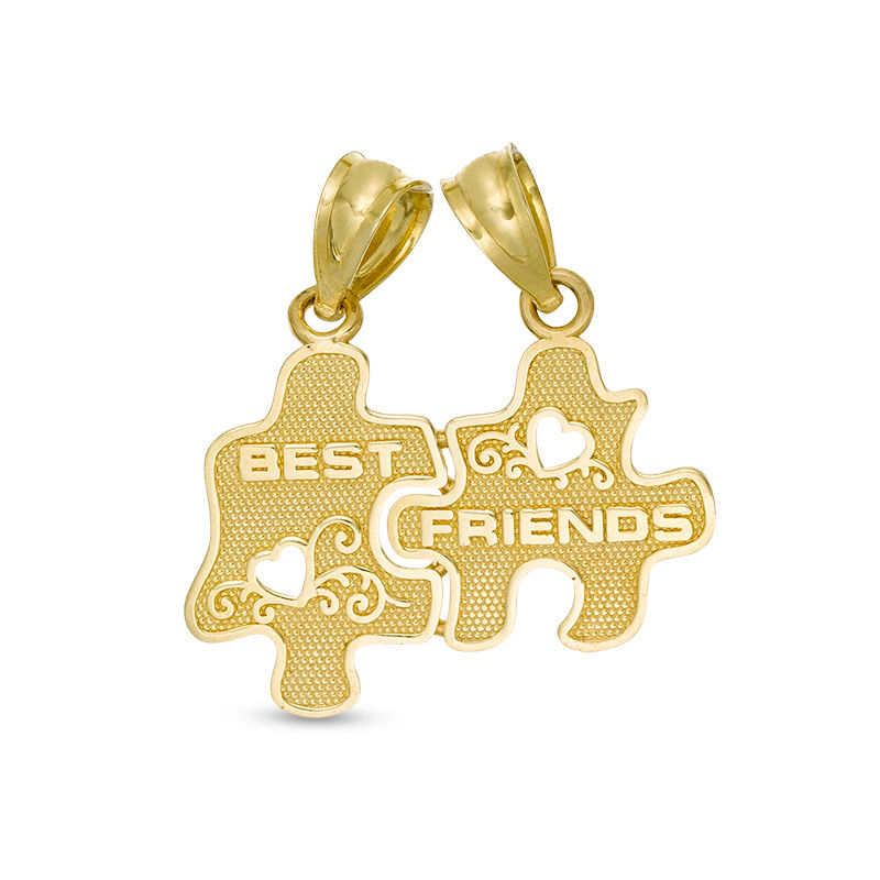 Textured "BEST FRIENDS" Puzzle Piece Necklace Charms with Heart Cut-Out Accents in 10K Gold