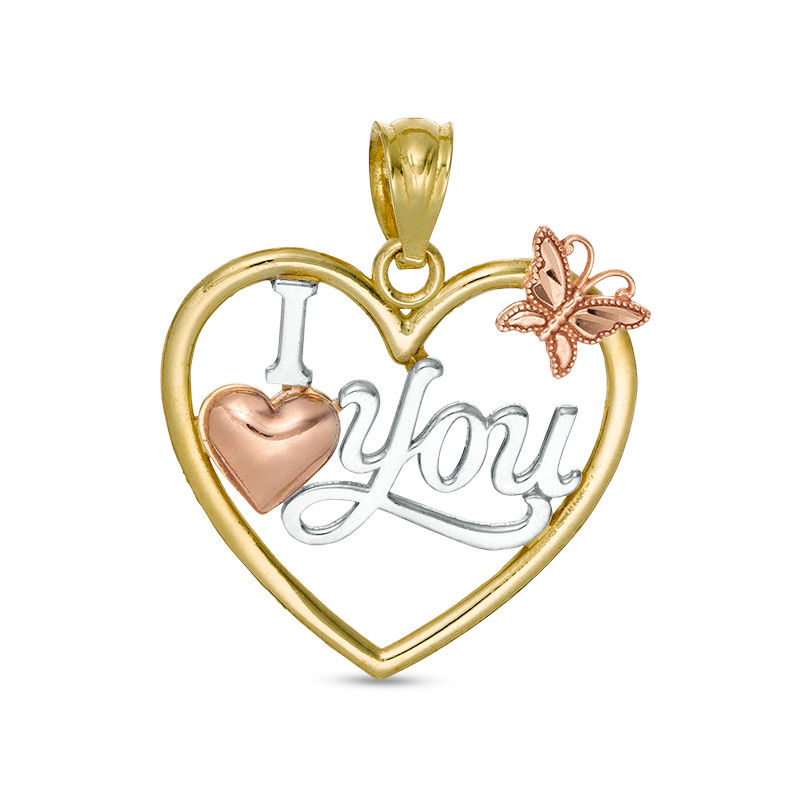 Diamond-Cut "I Love You" Heart Frame with Butterfly Accent Necklace Charm in 10K Tri-Tone Gold