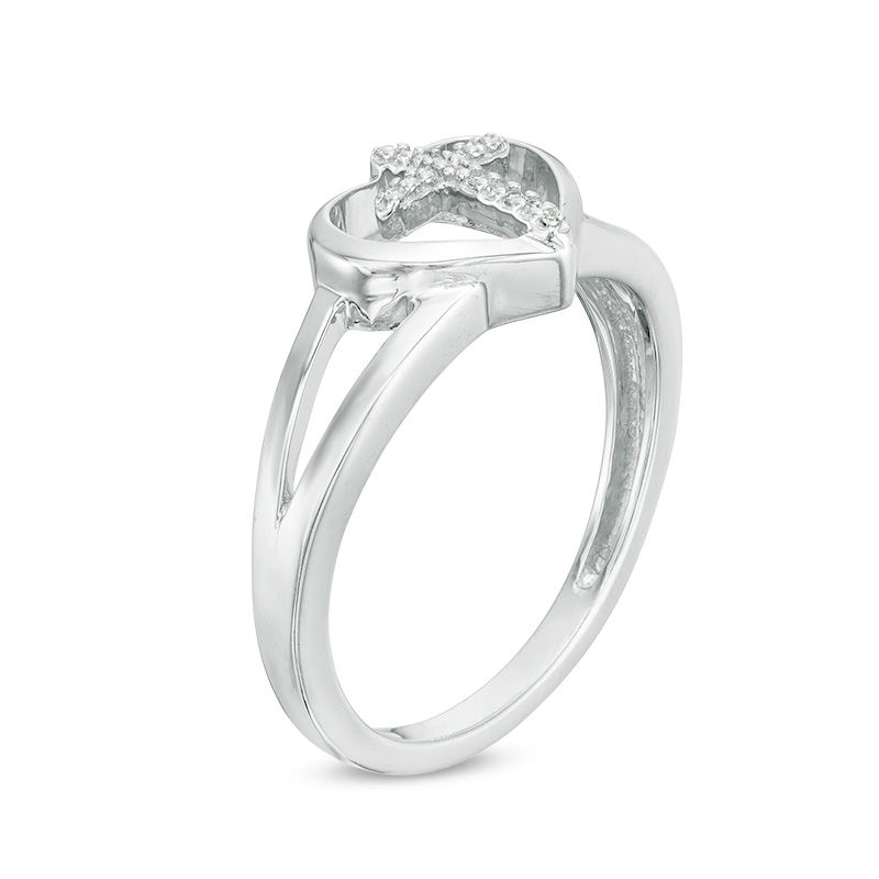Diamond Accent Heart with Cross Split Shank Ring in Sterling Silver - Size 7