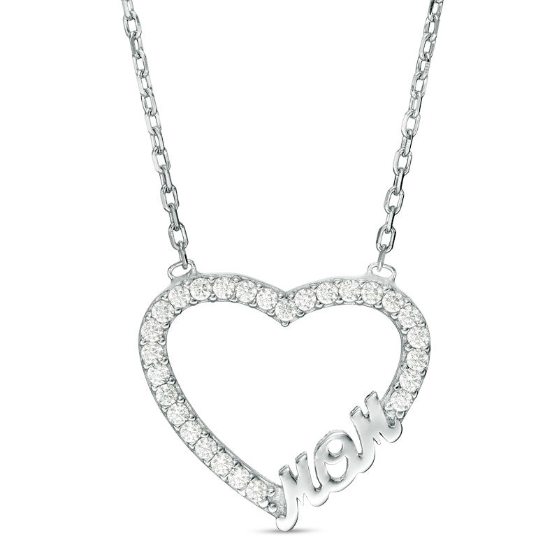 Cubic Zirconia "MOM" Heart Necklace in Sterling Silver - 17.75"