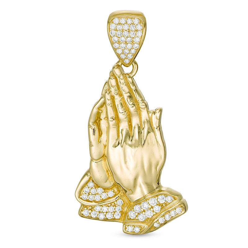 Cubic Zirconia Pavé Praying Hands Necklace Charm in 10K Gold