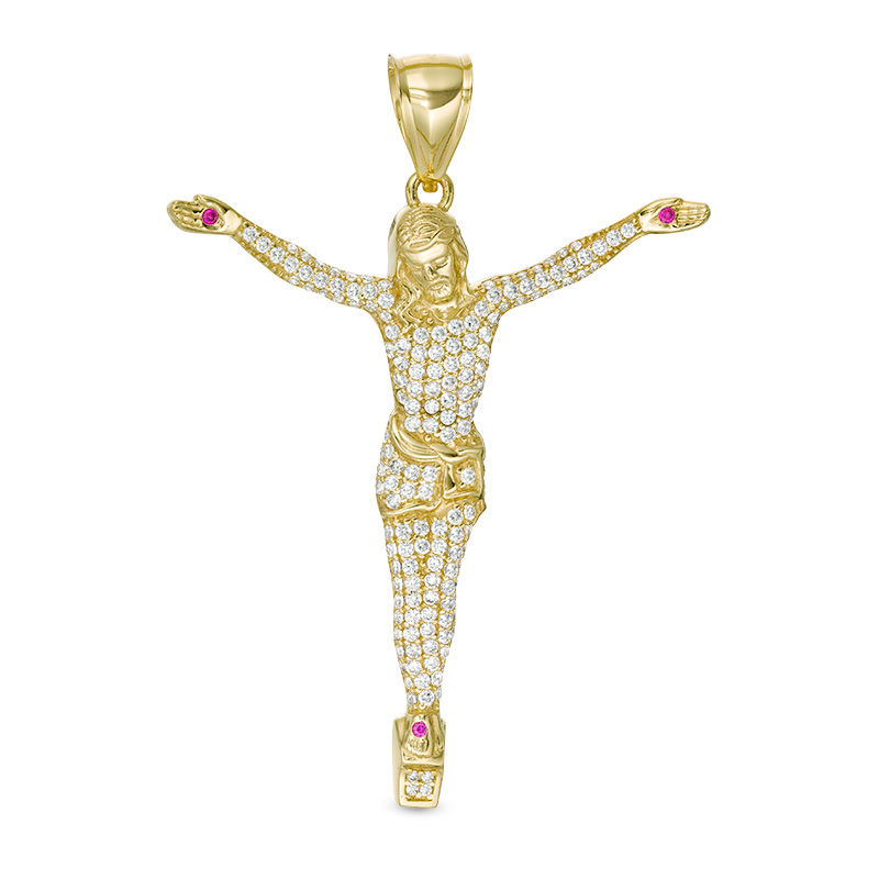 Red and White Cubic Zirconia Pavé Crucifix Necklace Charm in 10K Gold