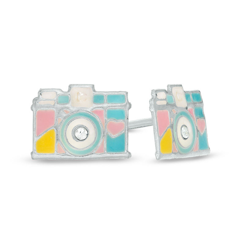 Child's Crystal and Multi-Color Enamel Camera Stud Earrings in Sterling Silver