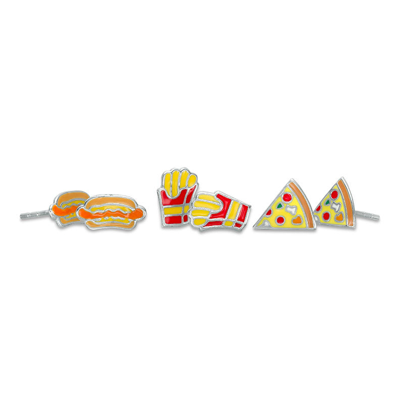 Child's Multi-Color Enamel Pizza, Hot Dogs and French Fries Stud Earrings Set in Sterling Silver