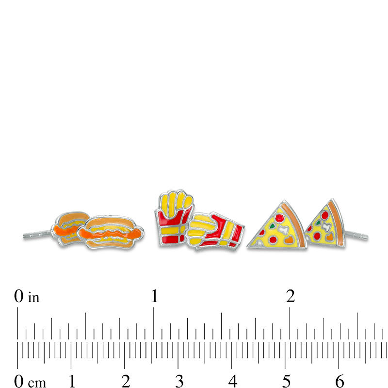 Child's Multi-Color Enamel Pizza, Hot Dogs and French Fries Stud Earrings Set in Sterling Silver