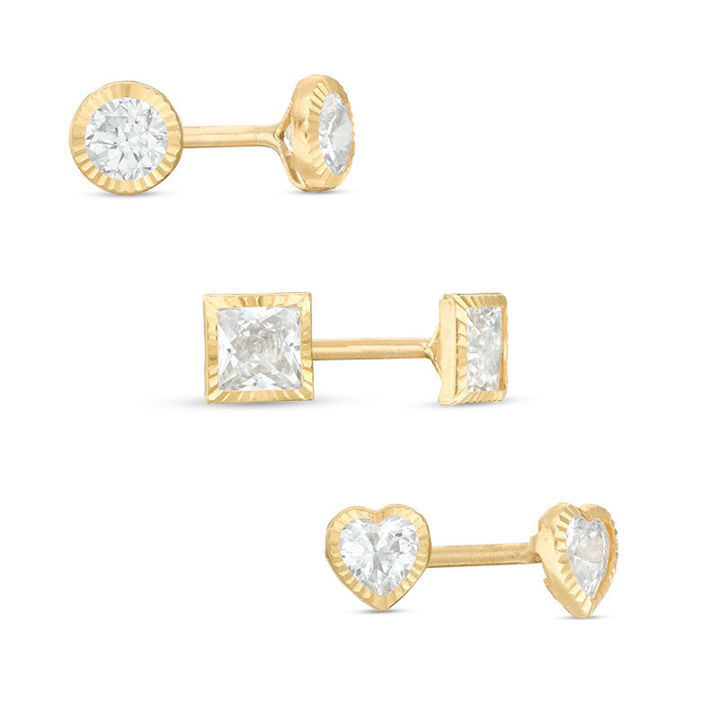 Child's Multi-Shape Cubic Zirconia Diamond-Cut Frame Stud Earrings Set in 10K Gold