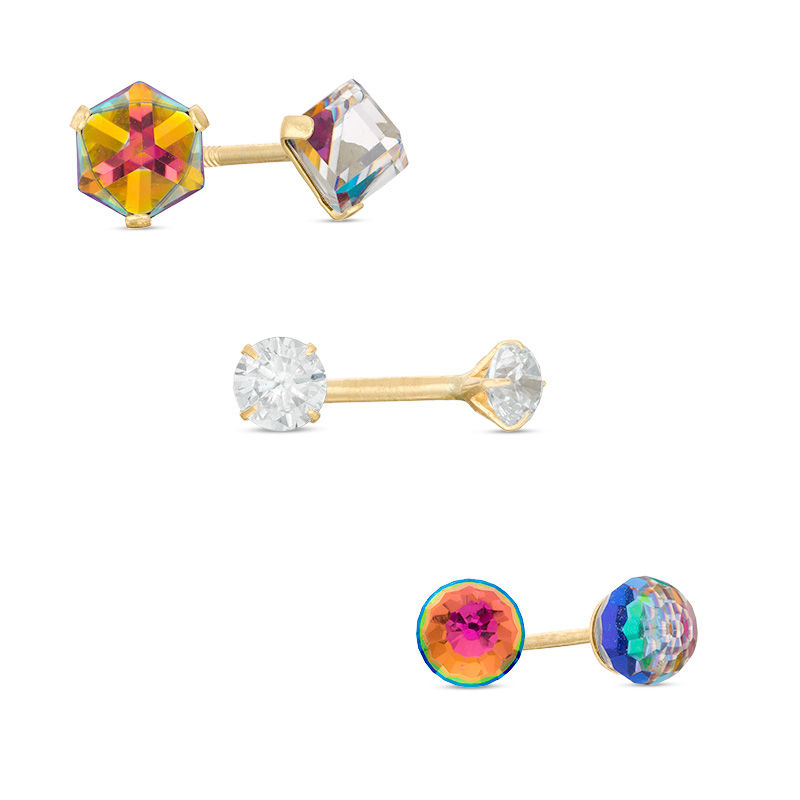 Child's Multi-Shape Iridescent and White Cubic Zirconia Stud Earrings Set in 10K Gold