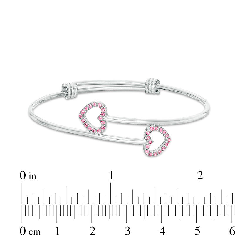 Child's Pink Crystal Heart Outline Bypass Bangle in Sterling Silver - 6"