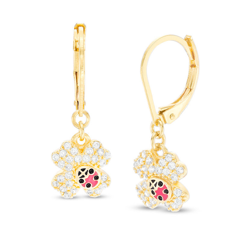 Child's Cubic Zirconia Clover with Enamel Ladybug Drop Earrings in Solid Brass with 18K Gold Plate