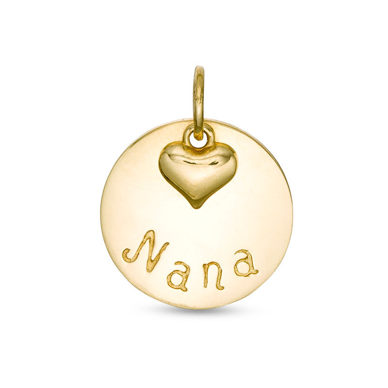 "Nana" Disc Necklace Charm with a Puff Heart Dangle Accent in 10K Gold