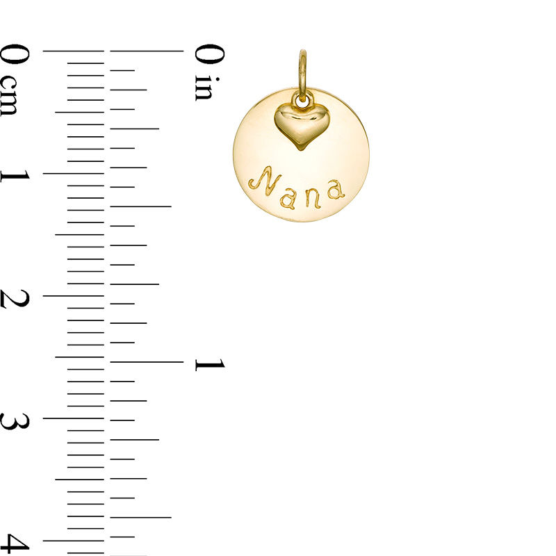 "Nana" Disc Necklace Charm with a Puff Heart Dangle Accent in 10K Gold