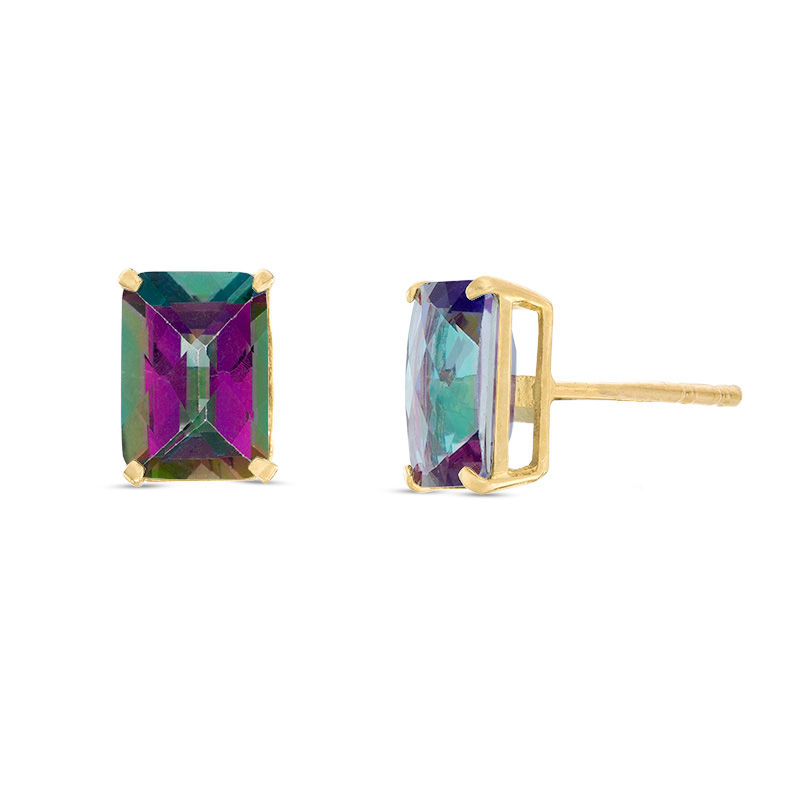 Emerald-Cut Rainbow Green Cubic Zirconia Stud Earrings in 10K Gold