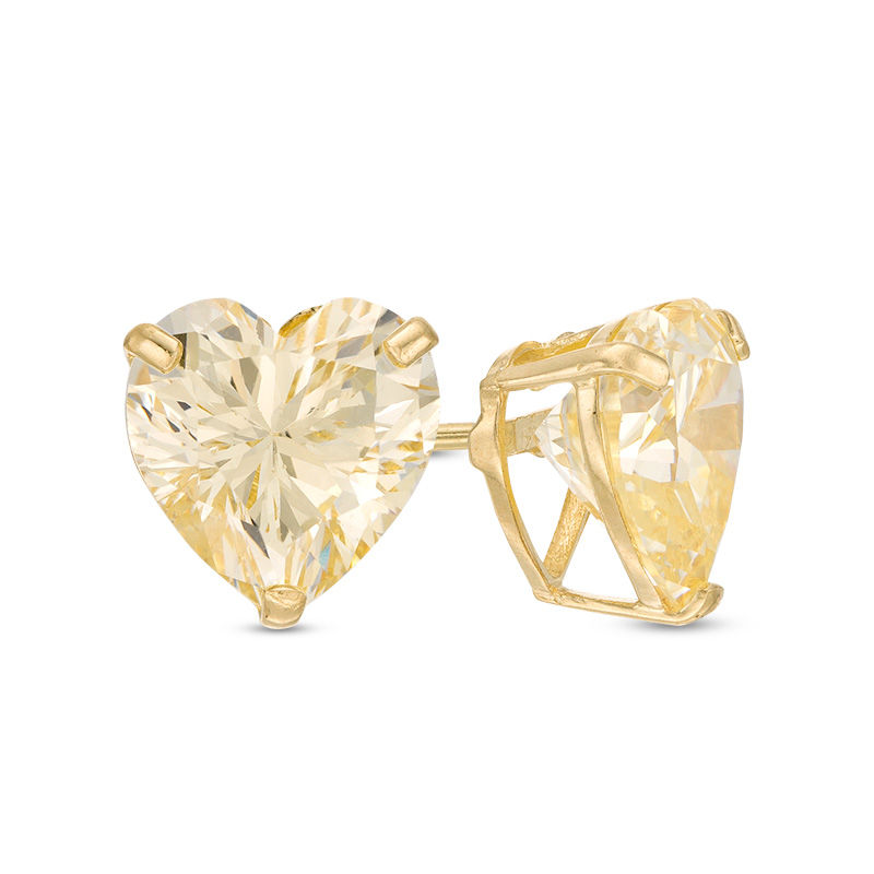 8mm Heart-Shaped Yellow Cubic Zirconia Solitaire Stud Earrings in 10K Gold