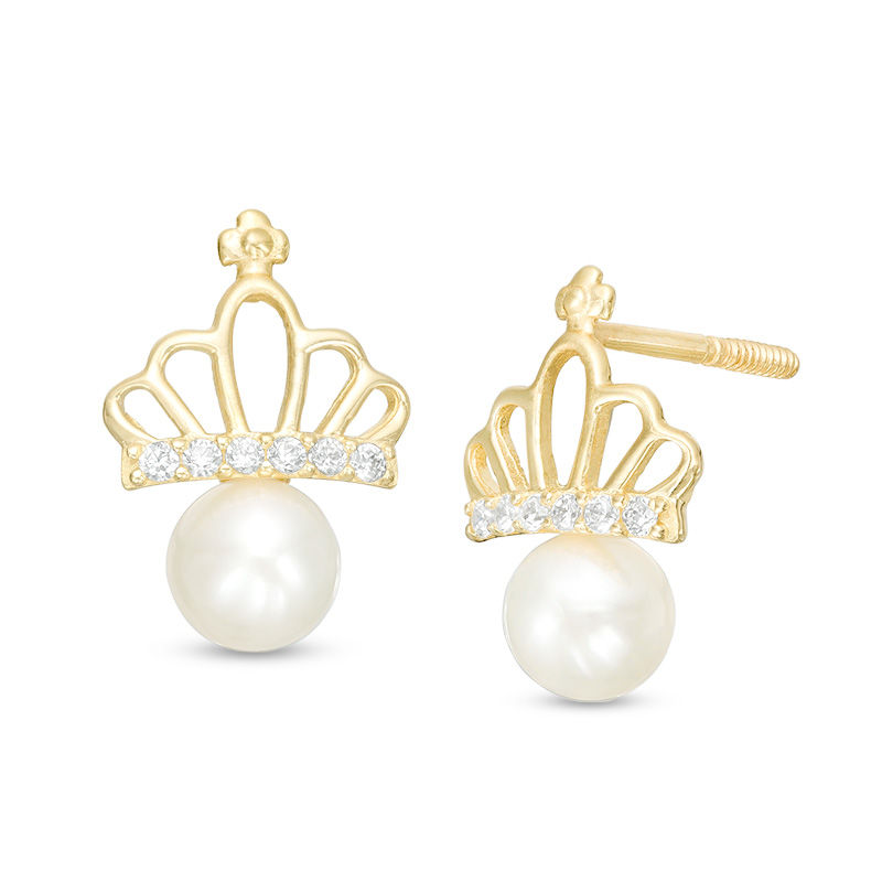 Child's 4mm Cultured Freshwater Pearl and Cubic Zirconia Crown Stud Earrings in 10K Gold