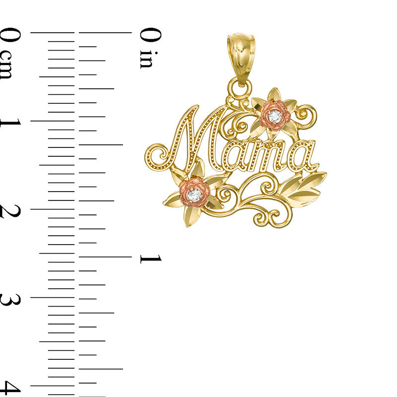 Cubic Zirconia and Diamond-Cut Beaded "Mama" Floral Filigree Necklace Charm in 10K Two-Tone Gold