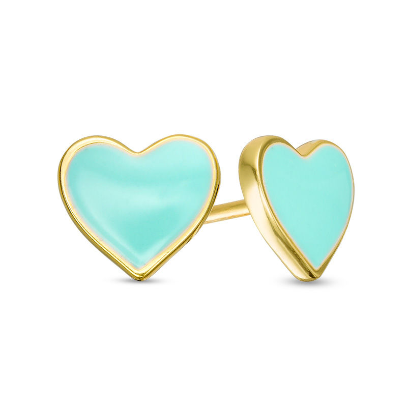 18K Yellow Gold Pink and Blue Enamel Heart Dangle Earrings
