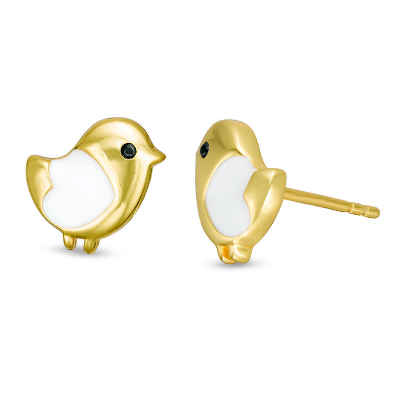 Child's Cubic Zirconia and White Enamel Heart Bird Stud Earrings in Sterling Silver with 18K Gold Plate