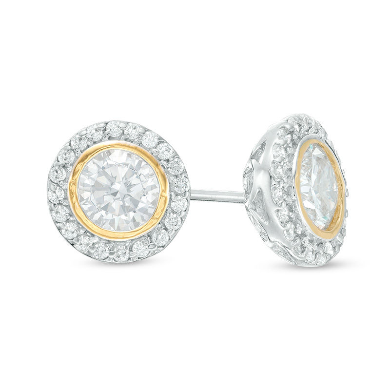 6mm Cubic Zirconia Framed Stud Earrings in Solid Sterling Silver with 14K Gold Flashing