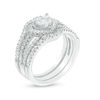 Thumbnail Image 1 of 5mm Heart-Shaped Cubic Zirconia Frame Split Shank Three Piece Bridal Set in Sterling Silver - Size 7