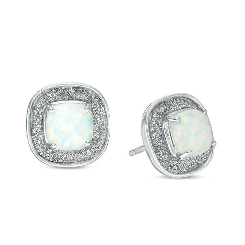 5mm Cushion-Cut Lab-Created Opal Glitter Enamel Frame Stud Earrings in Sterling Silver
