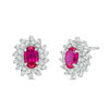 Thumbnail Image 0 of Oval Lab-Created Ruby and White Sapphire Floral Swirl Frame Stud Earrings in Sterling Silver