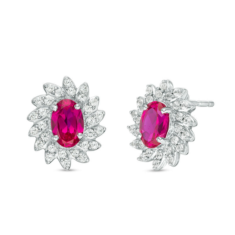 Oval Lab-Created Ruby and White Sapphire Floral Swirl Frame Stud Earrings in Sterling Silver