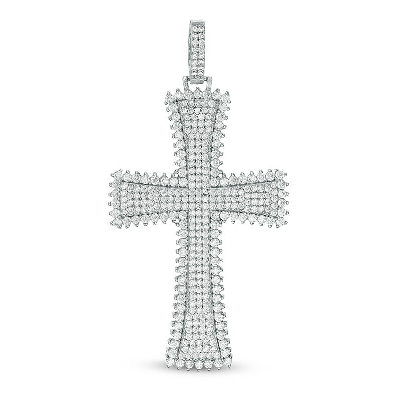 Cubic Zirconia Textured Frame Cross Necklace Charm in Solid Sterling Silver