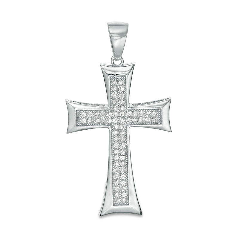 Cubic Zirconia Concave Edge Cross Necklace Charm in Sterling Silver