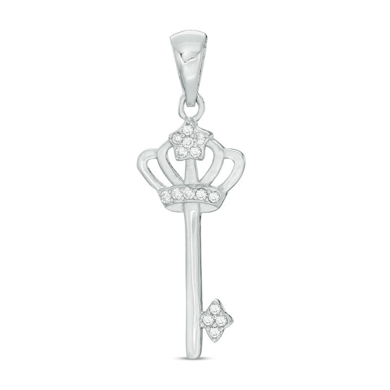 Cubic Zirconia Crown Key Necklace Charm in Sterling Silver