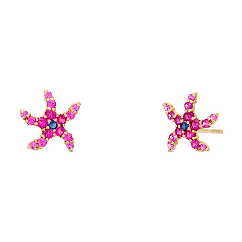 Red and Blue Cubic Zirconia Starfish Stud Earrings in 10K Gold