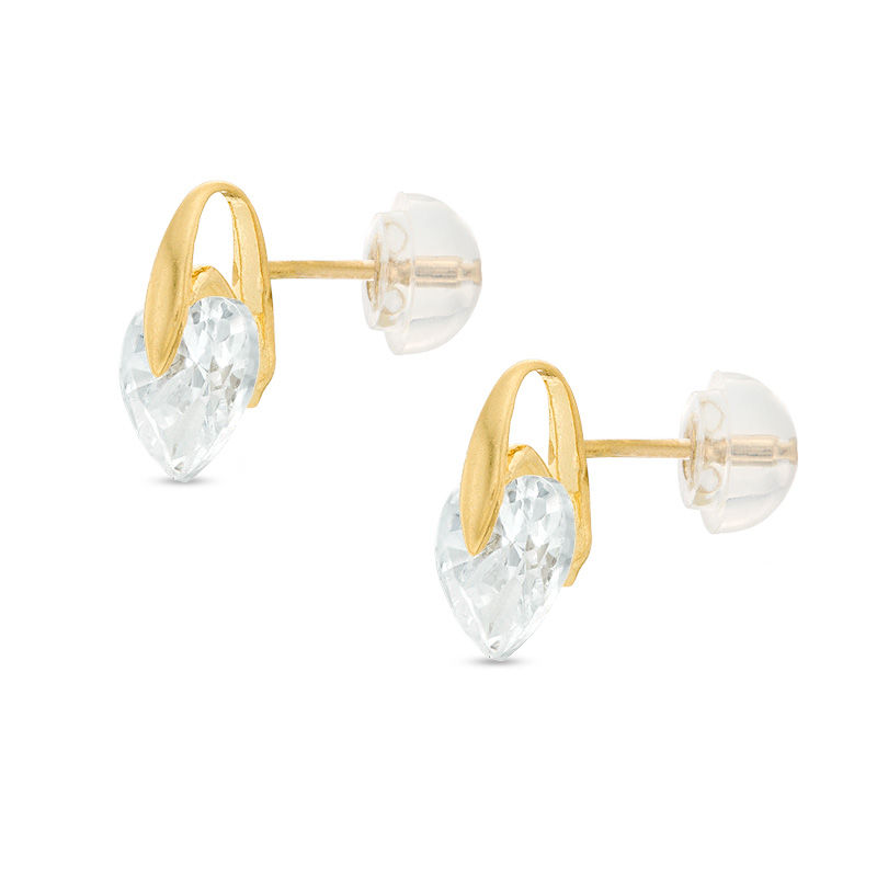 6mm Heart-Shaped Cubic Zirconia Solitaire Stud Earrings in 10K Gold