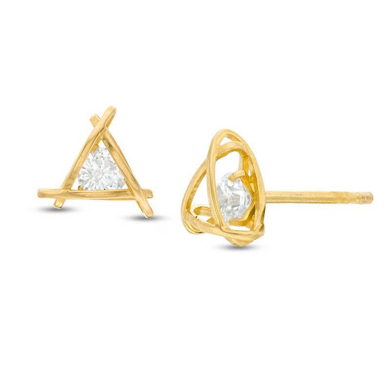 3mm Cubic Zirconia Geometric Triangle Cage Stud Earrings in 10K Gold