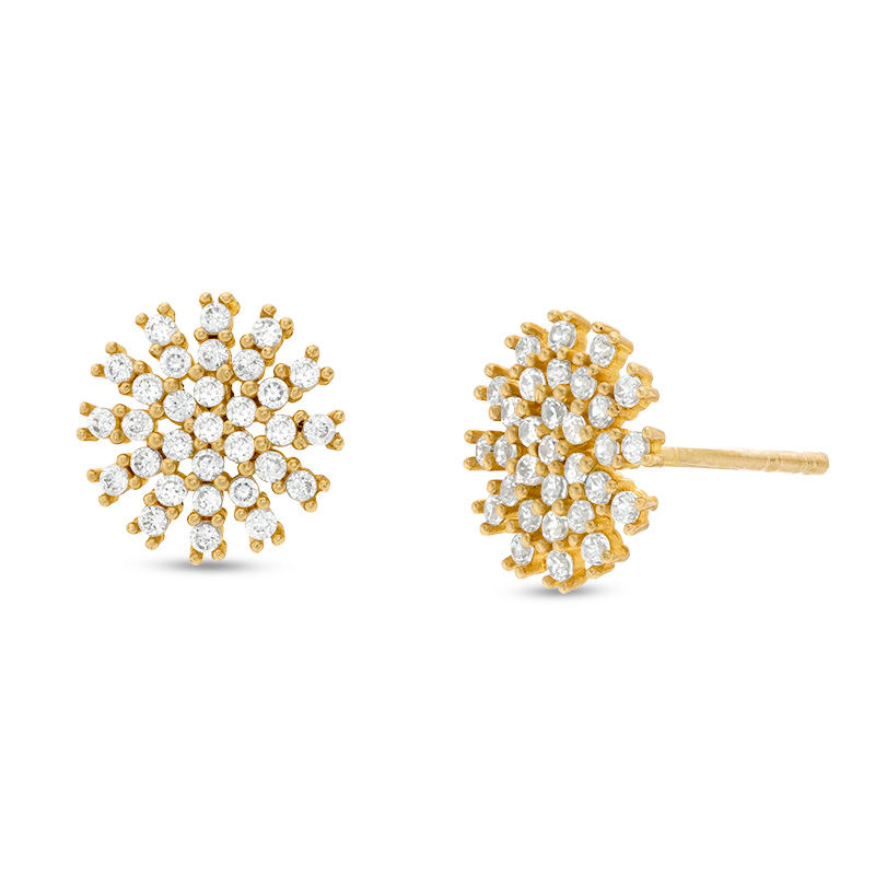 Cubic Zirconia Sunburst Cluster Stud Earrings in 10K Gold