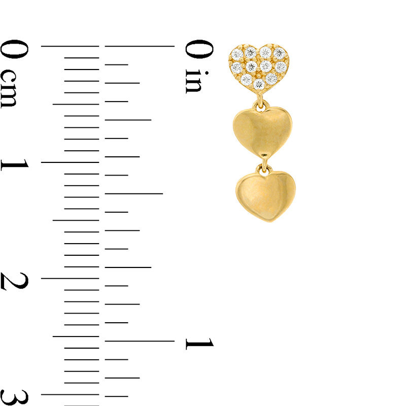 Cubic Zirconia and Puffed Heart Triple Drop Earrings in 10K Gold