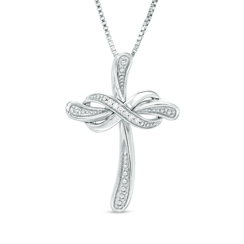 Diamond Accent Beaded Infinity Wrap Cross Pendant in Sterling Silver