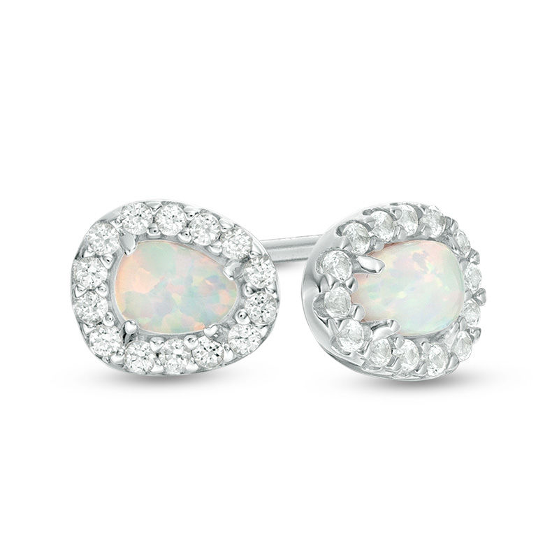 Pear-Shaped Lab-Created Opal and White Sapphire Frame Stud Earrings in Sterling Silver