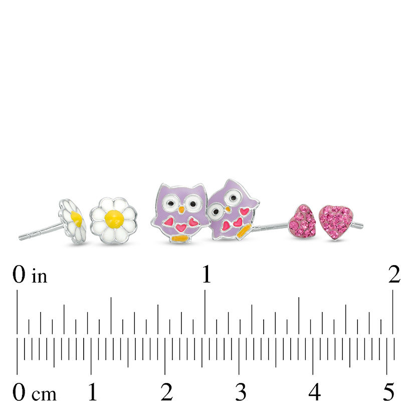 Child's Pink Crystal Heart and Multi-Color Enamel Owl and Flower Stud Earrings Set in Sterling Silver