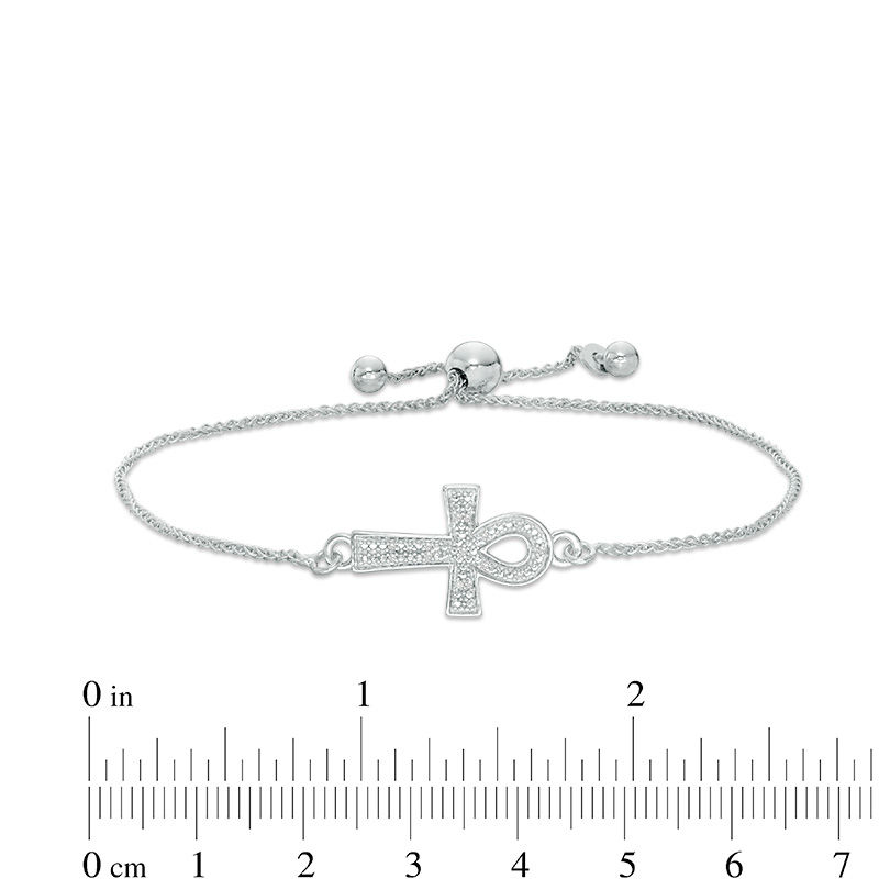 Sideways Diamond Accent Ankh Cross Bolo Bracelet in Sterling Silver - 9"