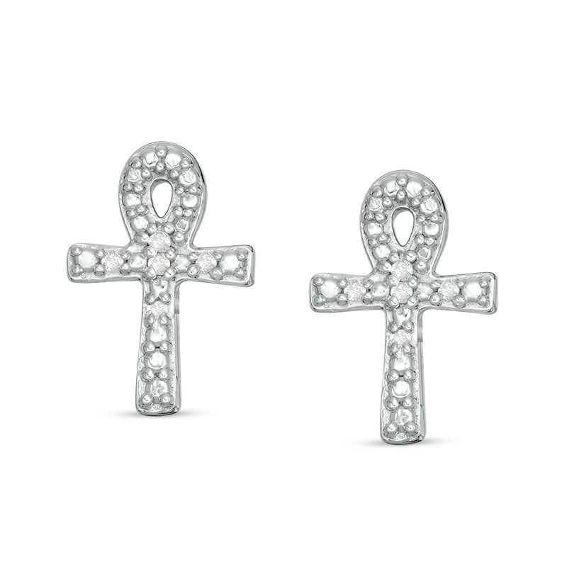Diamond Accent and Beaded Ankh Cross Stud Earrings in Sterling Silver