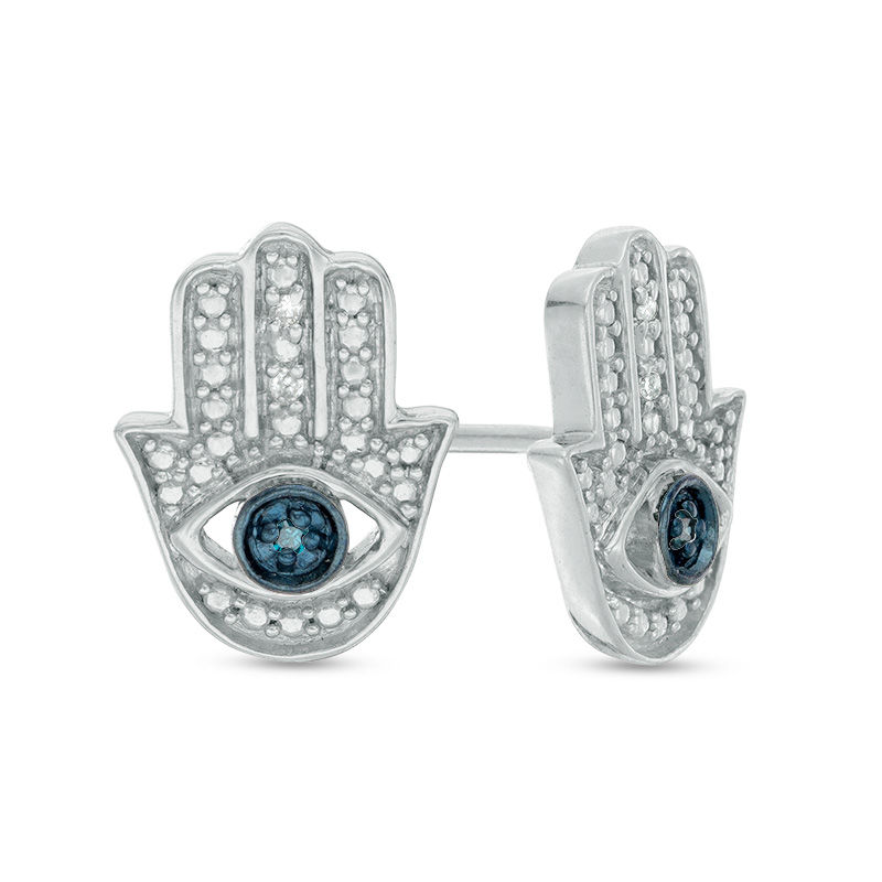 Enhanced Blue and White Diamond Accent Beaded Hamsa with Evil Eye Stud Earrings in Sterling Silver